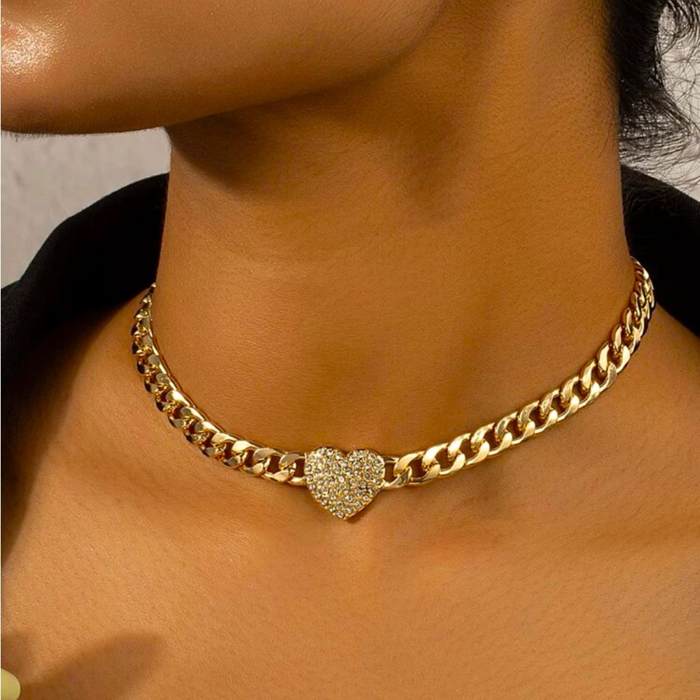 Gold Plated Rhinestone Heart Chocker, Heart Necklace